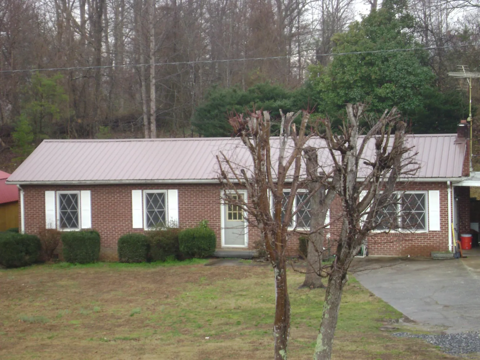 Mauve metal roof on a brick ranch home behind bare trees in Bellflower
